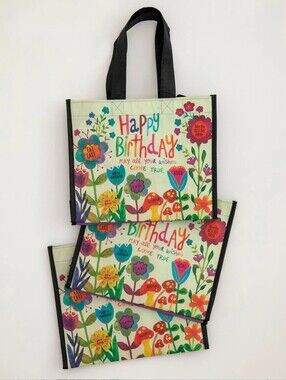 Medium Happy Bags Set of 3 - "Happy Birthday" made from recycled water bottles.